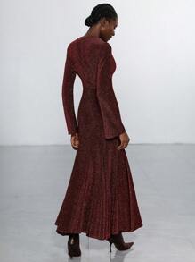 SHEIN Privé 优雅派对 V 领褶皱设计收腰闪光面料长袖连衣裙，高端优雅，适合情人节 - 中紫紅色 - 查看 2