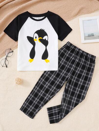 Young Boy Cartoon Penguin Contrast Raglan Sleeve T-Shirt & Plaid Print Pants 2 Pieces Sleepwear Set, Casual & Comfortable Home Outfit
