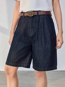 Dazy-Less 休闲商务宽松阔腿及膝直筒牛仔短裤女款老款 - 深色水洗藍 - 查看 4