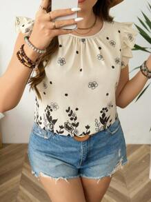 SHEIN LUNE 加大码女式花卉印花盖袖衬衫通勤简约复古钱色衬衫，浪漫优雅，度假装女士夏季服装女士夏季上衣 - 杏色 - 查看 3