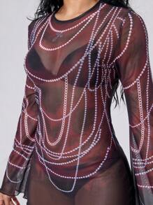 ROMWE Robe cache-maillot à manches évasées avec pendentif croix et perle style punk gothique. Convient pour la plage, les vacances, les boîtes de nuit, les fêtes et de multiples occasions, pour Halloween - Noir - Voir 4