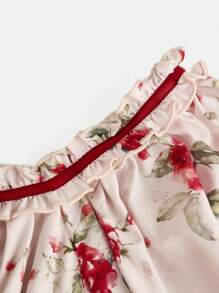 Girlism Teen Girl Teen Girl Rose Flower Contrast Color Panglică Cravată Mâneci bufante Gâtul cu volan Rochie, potrivită pentru vacanțe, sărbători, absolvire, petrecere, prânz