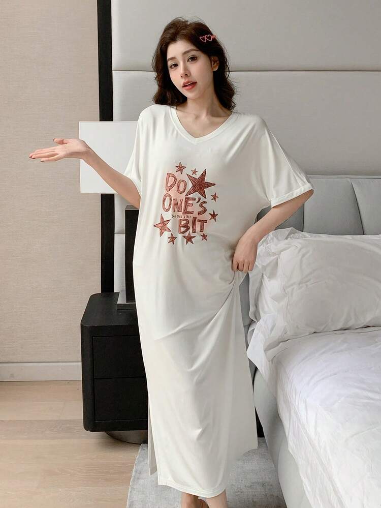 Casual English Print V-Neck Short Sleeve Loose Women House Dress Pajama