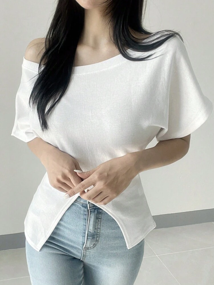 Women Off Shoulder Solid Color Round Neck Split Asymmetrical Hem Short Sleeve T-Shirt, White, Spring/Summer
