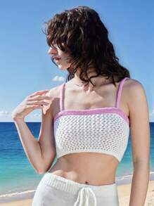 SHEIN Unity Women's White Contrast Color Knit Camisole, Sexy Knit Top,Hand-Crocheted - White - View 3