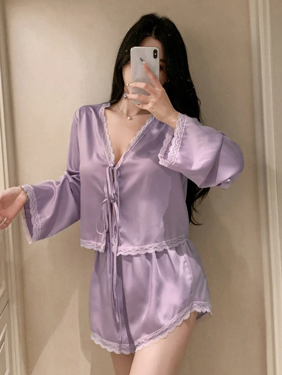 DAZY Romantic Lace Patchwork Satin Bowknot Top And Shorts Pajama Set For Women, Fall Winter Clothes - Mauve Purple - View 1