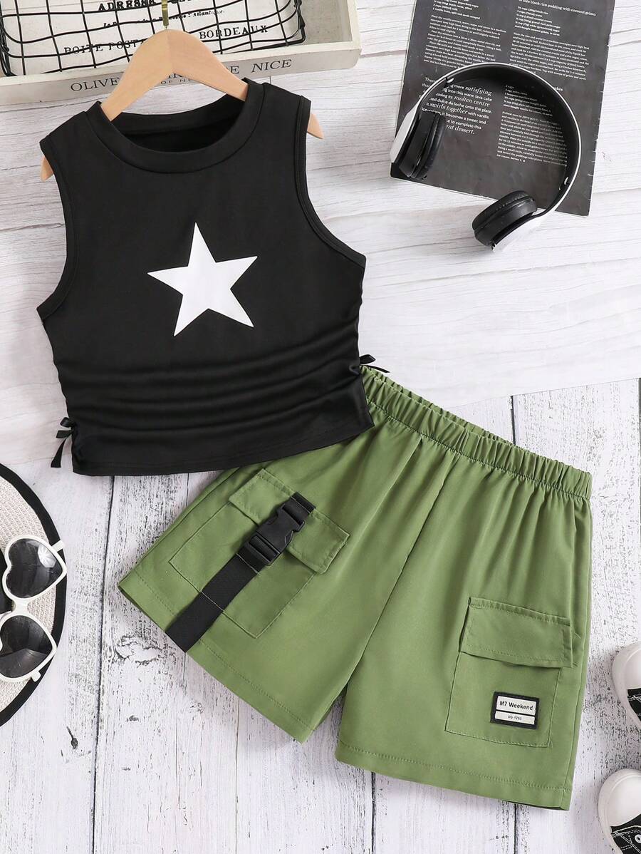 Set de 2 piezas con Top de tirantes con estampado de estrellas y short cargo informal, estilo de calle para primavera/verano para niña preadolescente - Multicolor - Ver 1