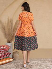 2pcs/Set Tween Girls Resort Rayon Rose Print Patchwork Short Sleeve Mini Dress With Crossbody Bag, Spring/Summer - Multicolor - View 4