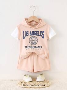 Cozy Pixies 2 pièces Ensemble pour bébé garçon avec sweat-shirt à capuche en tricot doux à imprimé lettres et couleur contrastée, et short à taille élastique - Kaki - Voir 1