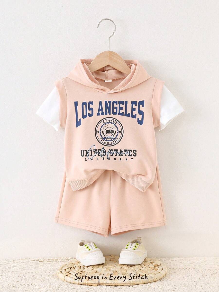 Cozy Pixies 2 pièces Ensemble pour bébé garçon avec sweat-shirt à capuche en tricot doux à imprimé lettres et couleur contrastée, et short à taille élastique - Kaki - Voir 1