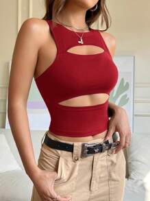 SHEIN EZwear Áo ba lỗ hở lưng cổ tròn màu trơn đơn giản cho nữ - Màu Đỏ Sâu - Xem 5