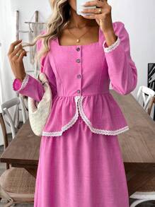 SHEIN Clasi Women Square Neck Long Sleeve Top And A-Line Skirt, 2 Pieces Set, Casual & Fashionable For Everyday Wear