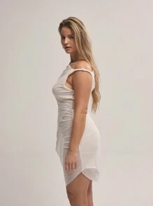 MUSERA Vestido mini sexy con hombros asimétricos de malla y envolvente delantero, para citas, noches de chicas, vacaciones, ocasiones, invitadas de boda. Fluido y versátil para otoño, invierno, Navidad, fiesta de Acción de Gracias, elegante y chic.