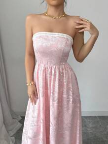 Chiquease Đầm dự tiệc lãng mạn, hở eo, viền ngọc trai, họa tiết jacquard màu hồng ngọt ngào thanh lịch dành cho nữ - Hồng - Xem 7