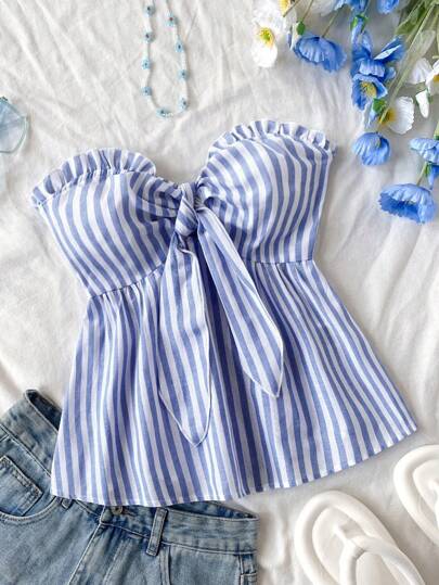 Soleia Women's Casual Striped Tie-Up Bandeau Top For Vacation