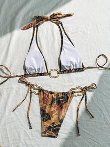 Soleia Vintage bunter bedruckter Metalldekoration Badeanzug Set zum Binden, für Strand und Sommerurlaub - Verschiedenfarbig - Übersicht 2