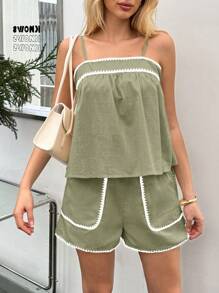 SHEIN Essnce 女士棉麻背心和短裤套装，配以撞色蕾丝花边，非常适合度假 - 軍綠色 - 查看 6