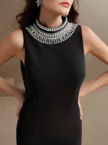 Anewsta Goddess Luxury Stand Collar Sleeveless Rhinestone Embellished Bodycon Maxi Backless Dress, Modesty Clothes For Women - Black - View 4