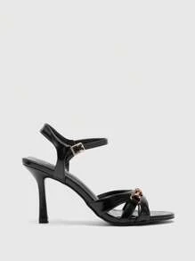 CUCCOO BIZCHIC Women's Classic Commuter Comfortable Retro Black Striped Woven Bit Buckle High Heel Sandals - Black - View 2