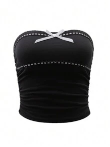 Tween Girls Traceable Cotton Bowknot Gathered Slim Anti-Slip Top - Black - View 1