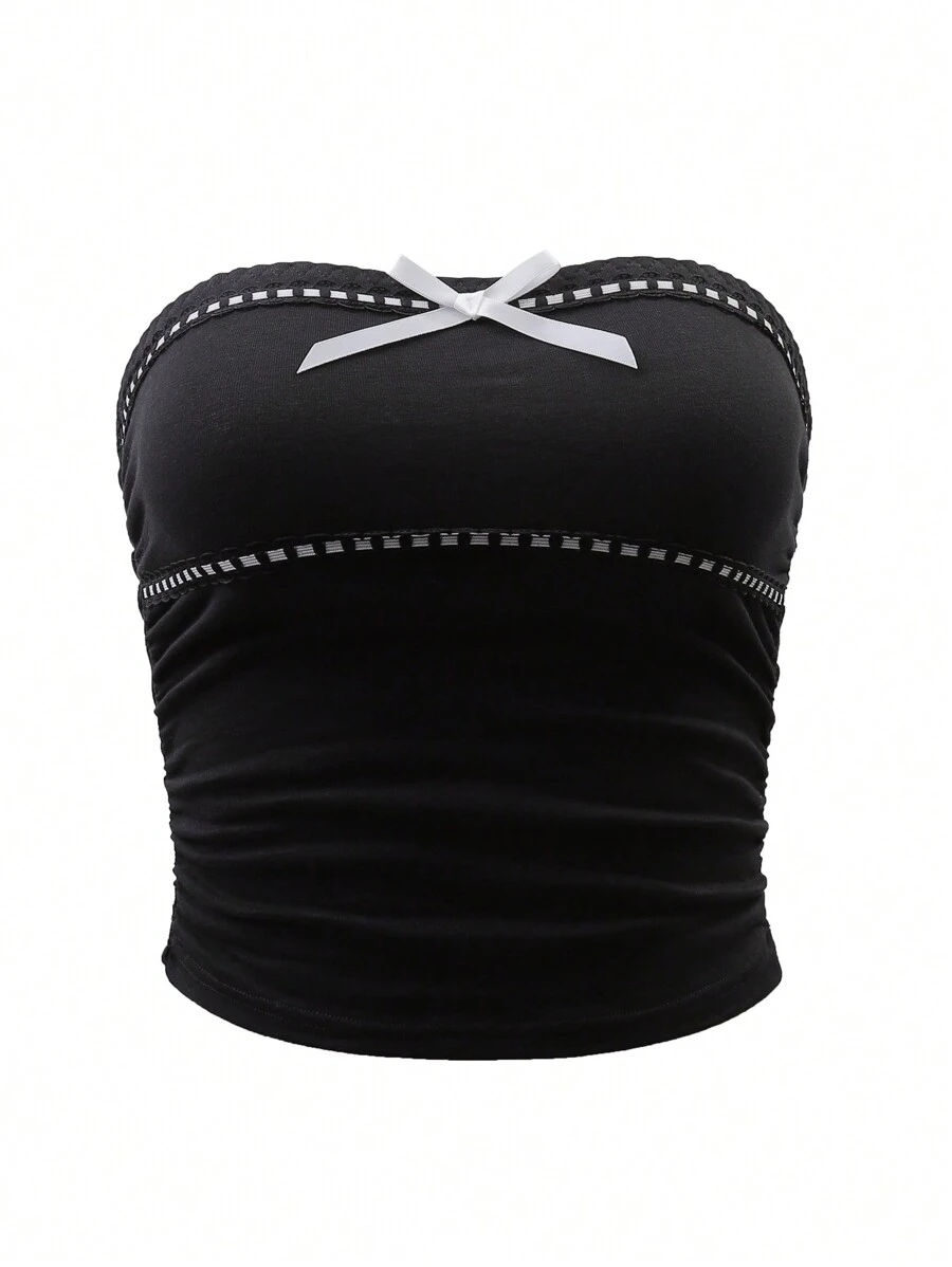 Tween Girls Traceable Cotton Bowknot Gathered Slim Anti-Slip Top - Black - View 1