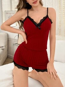 Women's Lace Patchwork Bow Decor Simple Sleepwear Top And Shorts Set - Burgundy - View 3