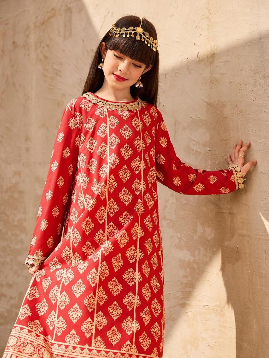 Tween Girl Gold Foil Floral Print Long Sleeve Top And Pants 2 Pieces Set - Red - View 1