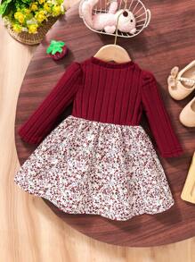 SHEIN Vintaside Kids 女宝宝休闲碎花长袖罗纹针织连衣裙，秋季