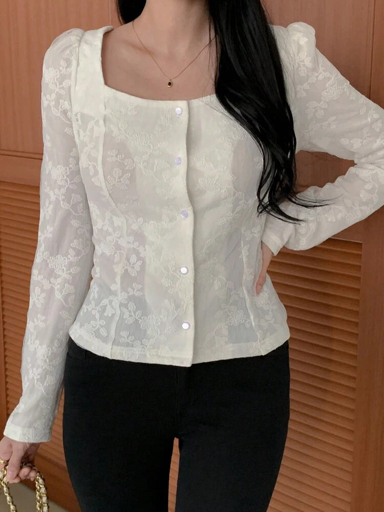 1pc Women's Solid Color Jacquard Fitted Long Sleeve Square Neck Blouse,Fall Clothes