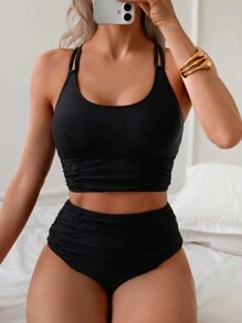 Swim Basics Beach Ruched Top & Ruched Bottom Slimming Tankini Set, For Summer Vacation - Black - View 3