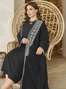 Al Najma Plus Size Women Embroidered Long Maxi Kimono Robe Abayas - Black - View 5