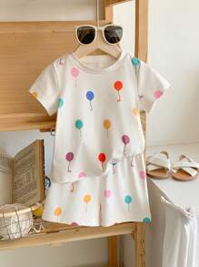 SHEIN 2pcs/Set Baby Girl 0-3 Years Fashionable Cute Colorful Balloon Pattern Crew Neck Short Sleeve T-Shirt & Shorts Set - Apricot - View 8