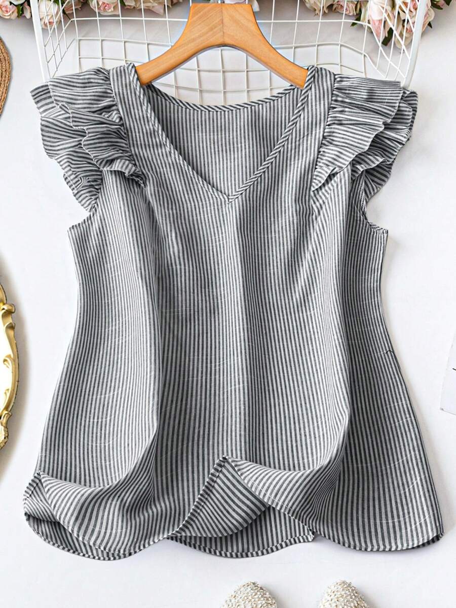 SHEIN LUNE Áo sơ mi tay lỡ kẻ sọc thường ngày đi làm mùa hè cỡ lớn - màu đen - Xem 1