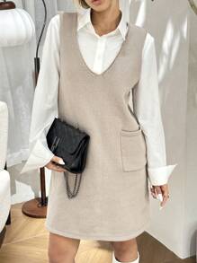 女士休闲卡其色 V 领双口袋毛衣背心 - 卡其色 - 查看 1