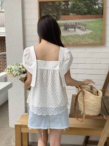 DAZY 女士和女孩休闲无袖蕾丝拼布衬衫娃娃装上衣 - 白色 - 查看 6