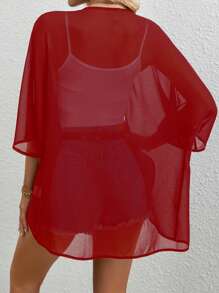 SHEIN Essnce Casual Solid Color Sheer Batwing Sleeve Jacket - Red - View 2