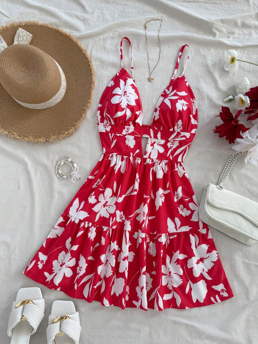 Soleia 女士节日编织花卉印花吊带裙，红色底色，白色花朵，夏季款式，迷你连衣裙 - 紅白色 - 查看 1