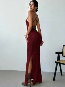 Firerie Women Casual Elegant Fashion Sexy Criss-Cross Backless Cutout High Slit Midi Knit Dress - Burgundy - View 2