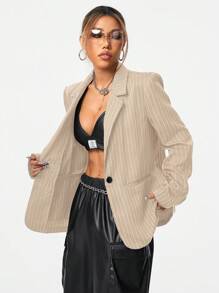 SHEIN EZwear Women's Fall/Winter Streetwear Striped Grey Suit Jacket - Coffee Brown - View 7