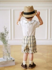 Souflis Souflis Set de 2 piezas para niños: Camisa de manga corta con cuello + Pantalones cortos a cuadros de cintura elástica, conjunto casual y versátil para uso al aire libre - Multicolor - Ver 2