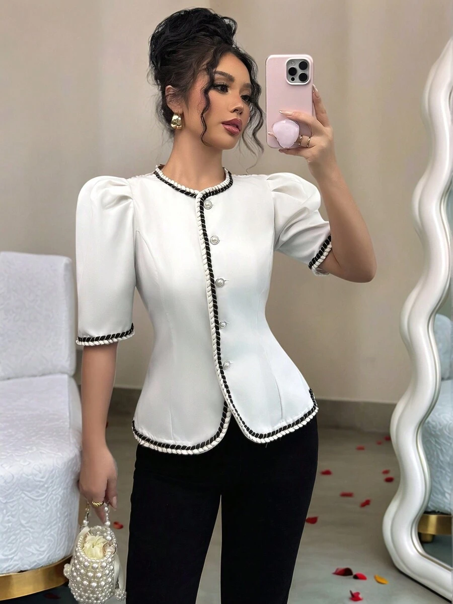 Gloray Blusa blanca elegante y sencilla para mujer con mangas