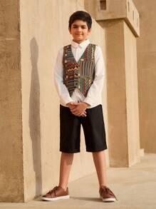 SHEIN 2pcs Set Tween Boys Sleeveless Vest, Button-Front Long Sleeve Top And Shorts - Multicolor - View 5