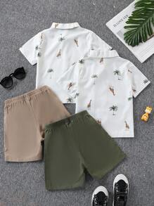 6 piezas de conjunto de camisas con cuello polo de botones y pantalones cortos casuales con diseño de árbol de palma y paisaje marino en colores alegres, adecuado para uso diario, escuela, resort, playa, campamento de verano, verano, para niños