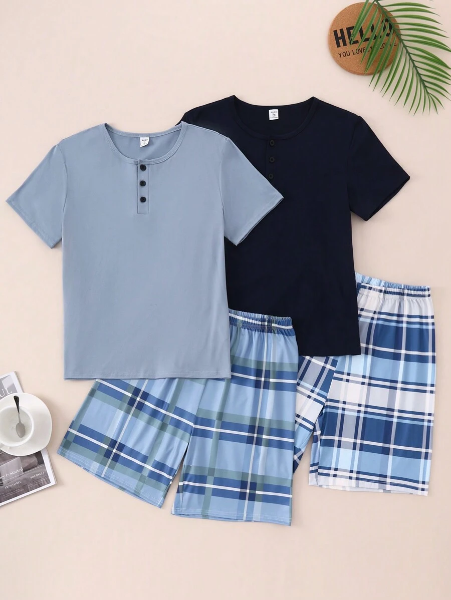 Set de 2 piezas de pijama para adolescentes varones con Top de media cartera de unicolor y pantalón largo clásico a cuadros - Multicolor - Ver 1