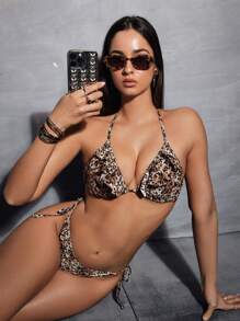 Swim EVENT Women's Sexy V-Neck Leopard Print Ruffled Halter Strap Bikini Set, Summer - Multicolor - View 5