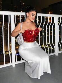 SHEIN SXY 女士纯色亮片镂空短款吊带背心上衣