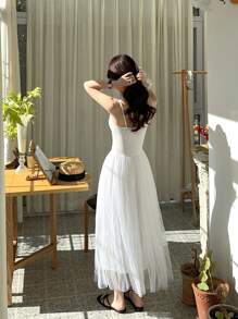 DAZY Women's Casual Layered Net Mesh Midi Dress - White - View 7
