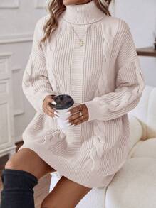 SHEIN LUNE Women Casual Solid Color Turtleneck Sweater Dress For Autumn/Winter - Apricot - View 1