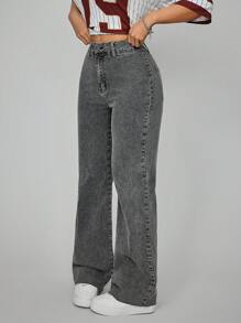 SHEIN EZwear Jean taille haute droit de style décontracté et lavé