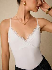 Poéselle Women's Solid Color Contrast Lace Casual Bodysuit With Spaghetti Straps